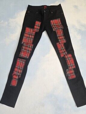 Tripp Nyc Black Jeans with Red Plaid Patchwork Punk Jeans Classic OG